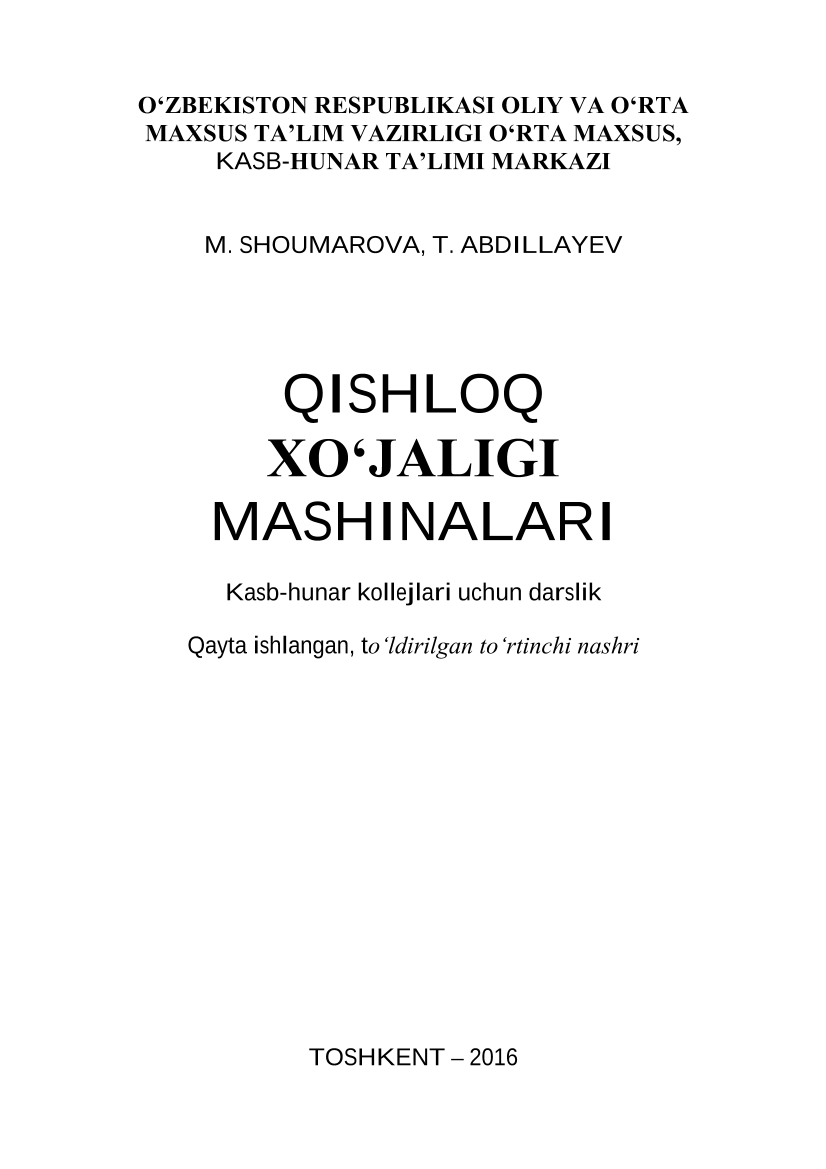 Qishliq xo`jaligi mashinalari I qism