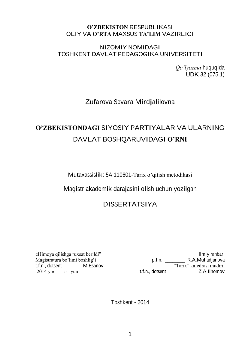 O`zbekistondagi siyosiy partiyalar va ularning davlat boshqaruvidagi o`rni