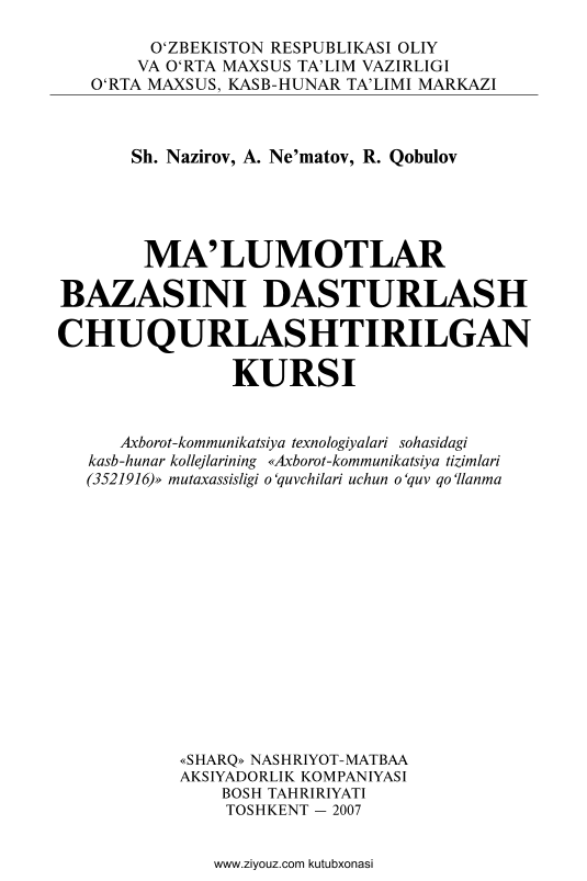 Ma`lumotlar bazasini dasturlash chuqurlashtirilgan kursi