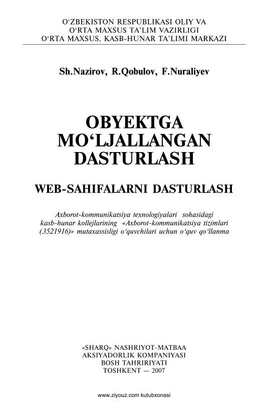 Obyektga mo'ljallangan dasturlash. Web-sahifalarni dasturlash