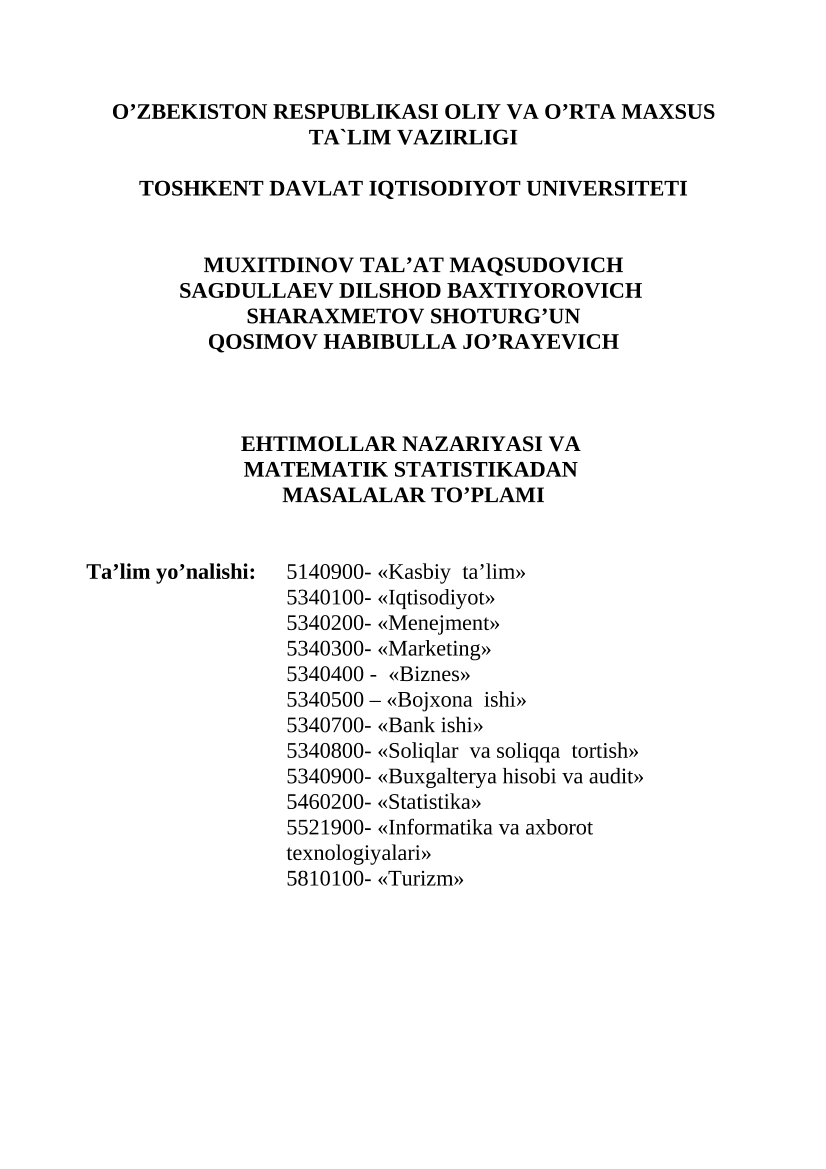  Ehtimollar nazariyasi va matematik statistikadan masalalar to'plami