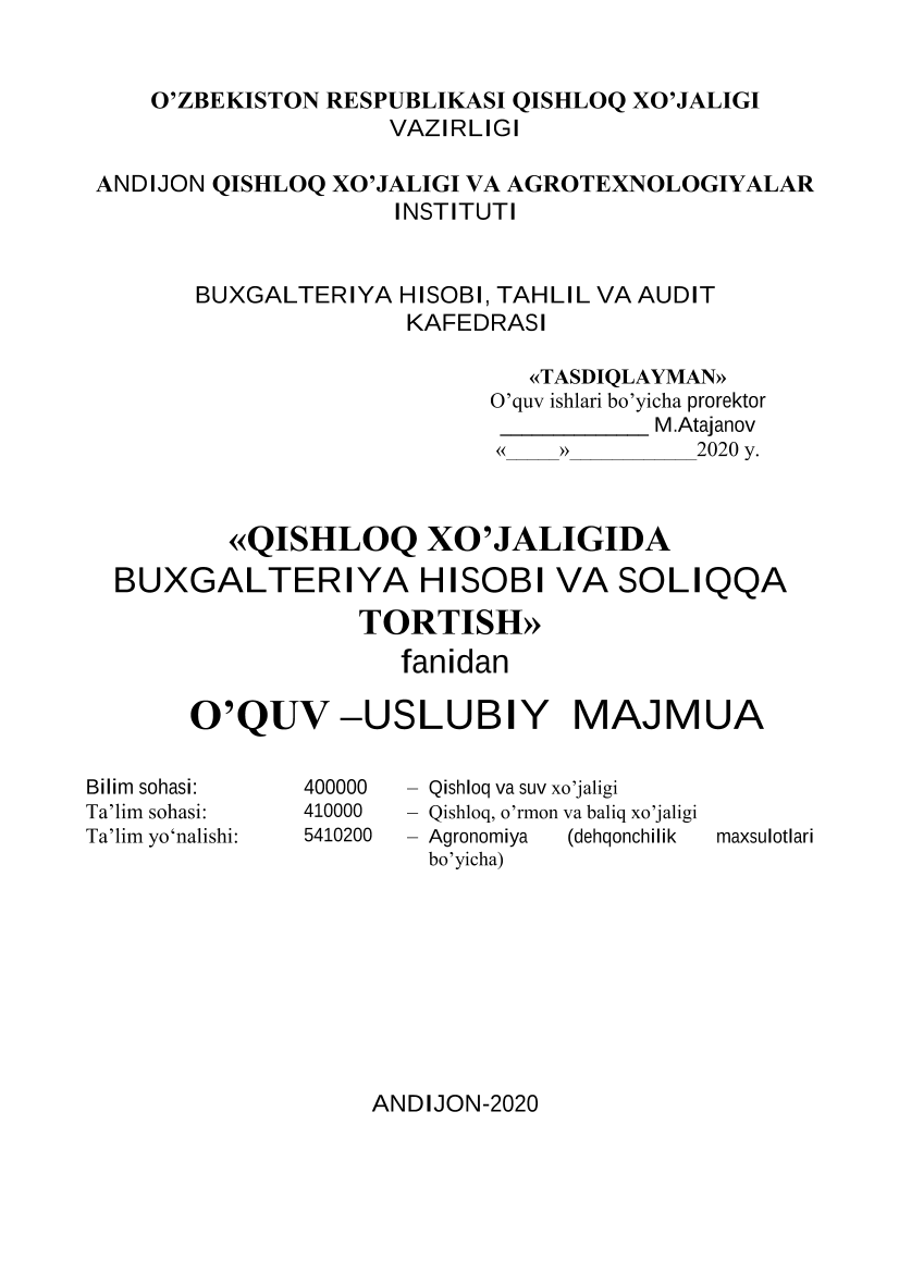 Qishloq xo`jaligida buxgalteriya hisobi va soliqqa tortish