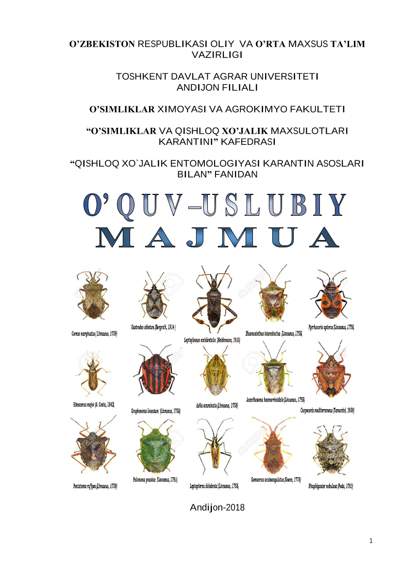 Qishloq xojalik entomologiyasi,karantin asoslari bilan