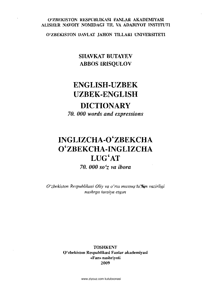 Inglizcha-o`zbekcha, o`zbekcha-inglizcha lug`at 70 000 so`z va ibora