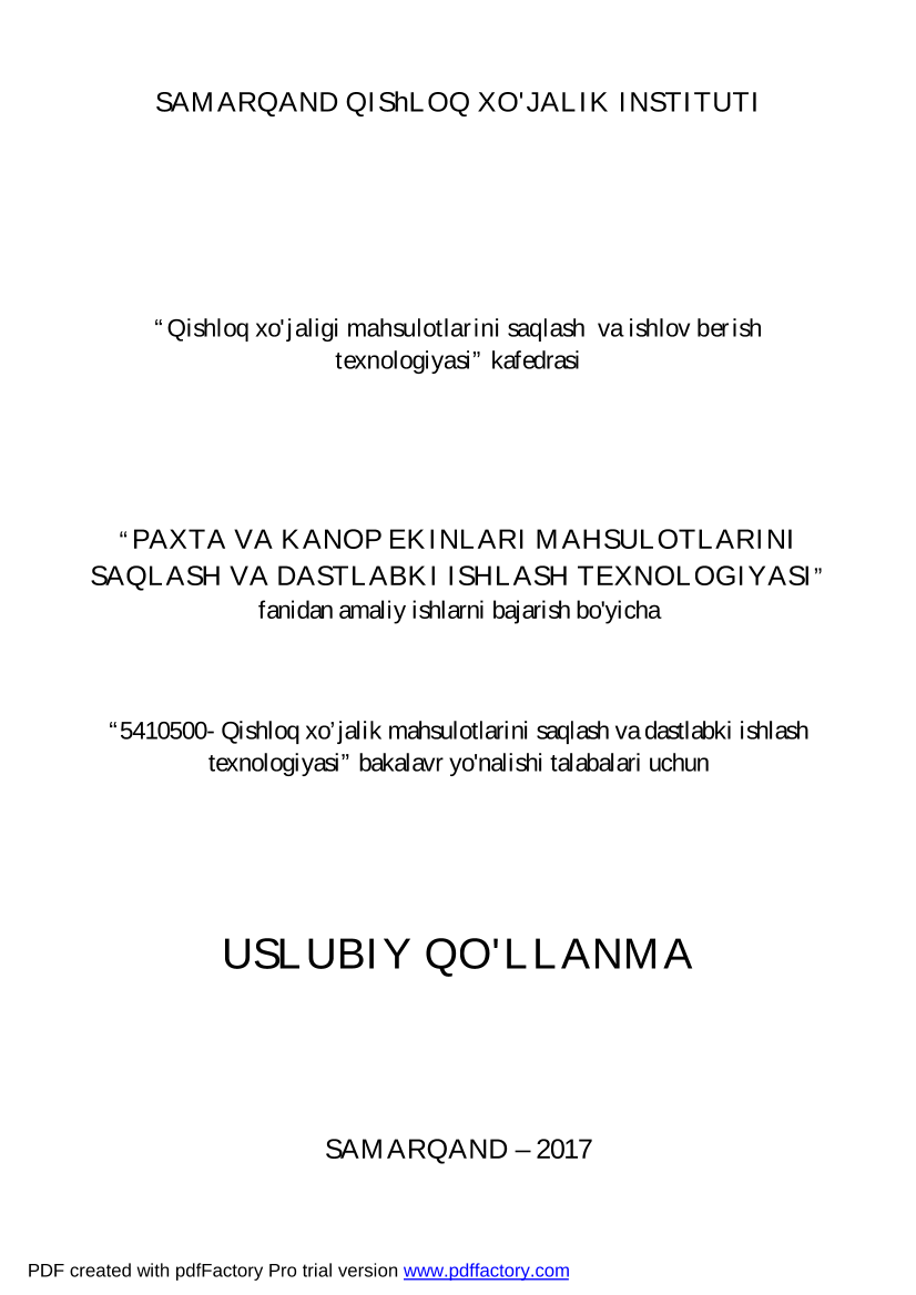 “PAXTA VA KANOP EKINLARI MAHSULOTLARINI SAQLASH VA DASTLABKI ISHLASH TEXNOLOGIYASI”