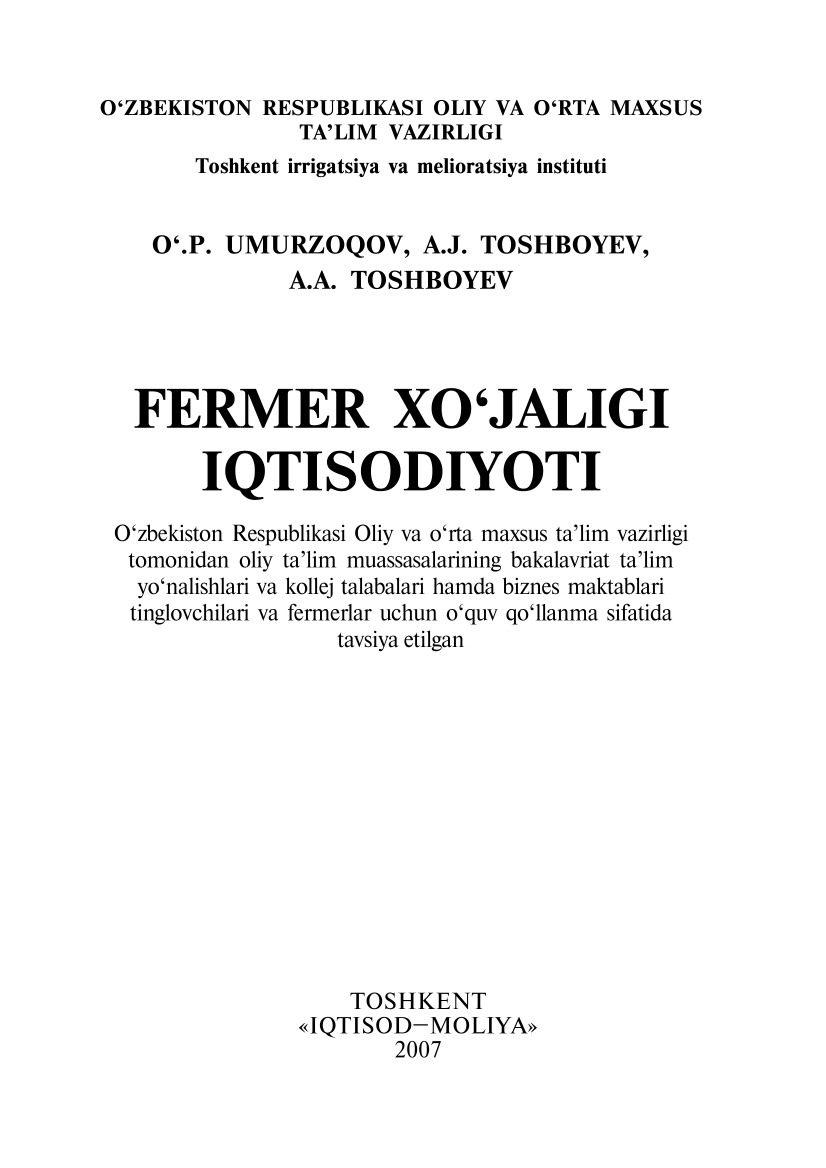 Fermer xo`jaligi iqtisodiyoti