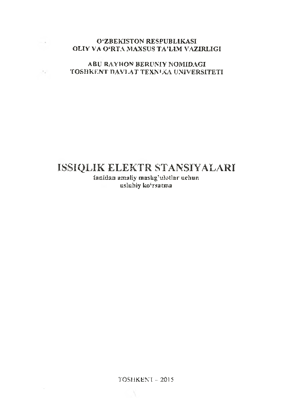 Issiqlik elektr stansiyalari fanidan amaliy mashg`ulotlar uchun uslubiy ko`rsatma