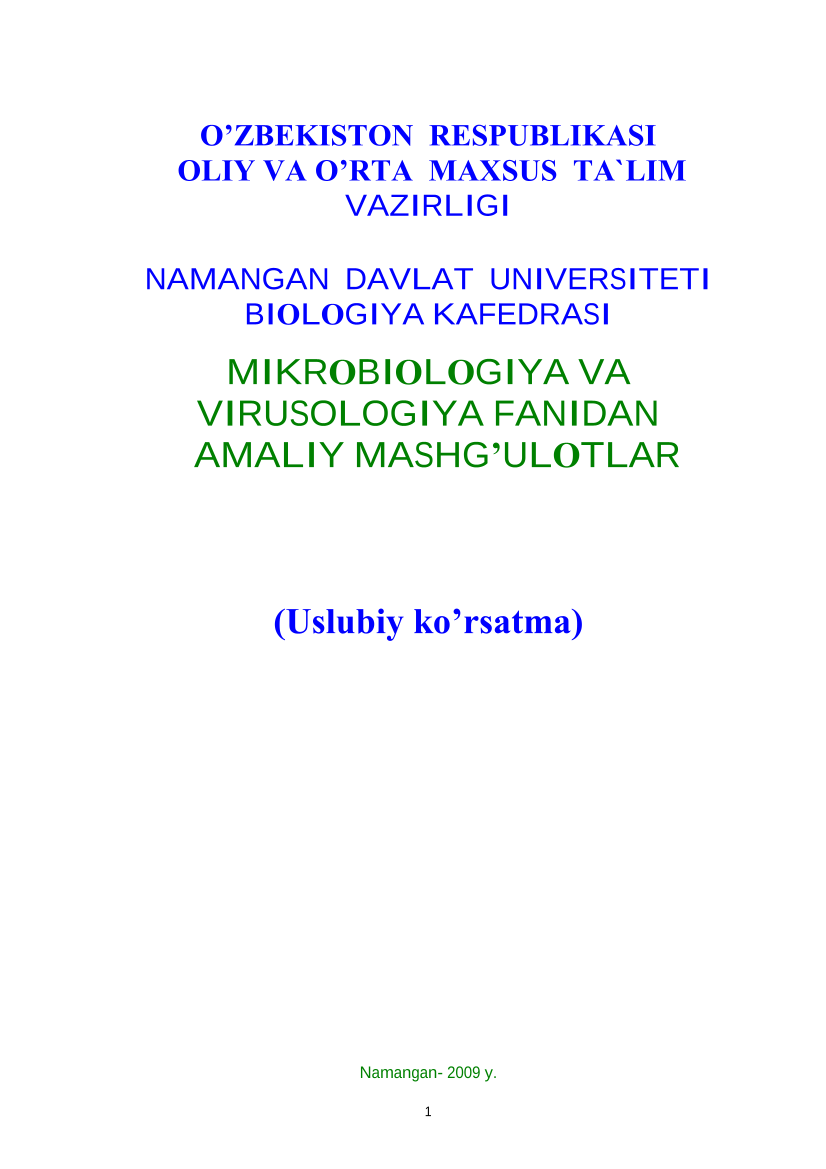 Mikrobiologiya va virusologiya fanidan amaliy mashgulotlar