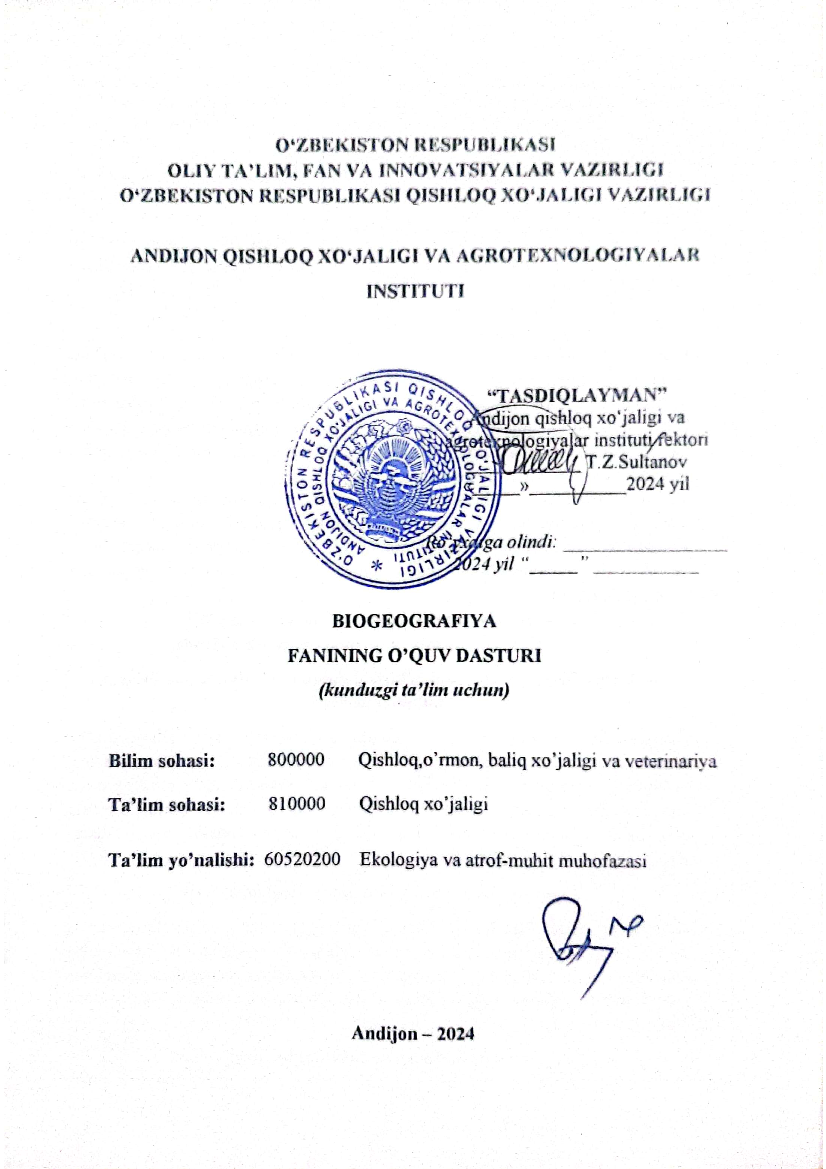  Biogeografiya ekologiyaga(o`quv dasturi 1-kurs)