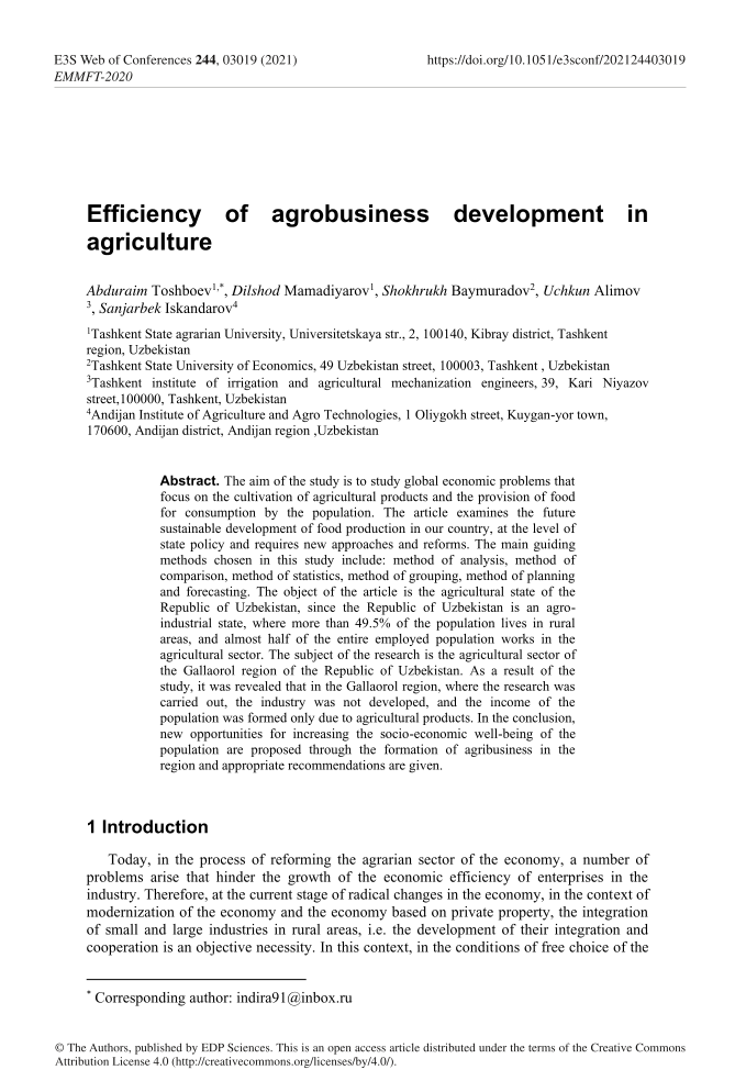 Efficiency of agrobusiness development in agricultur