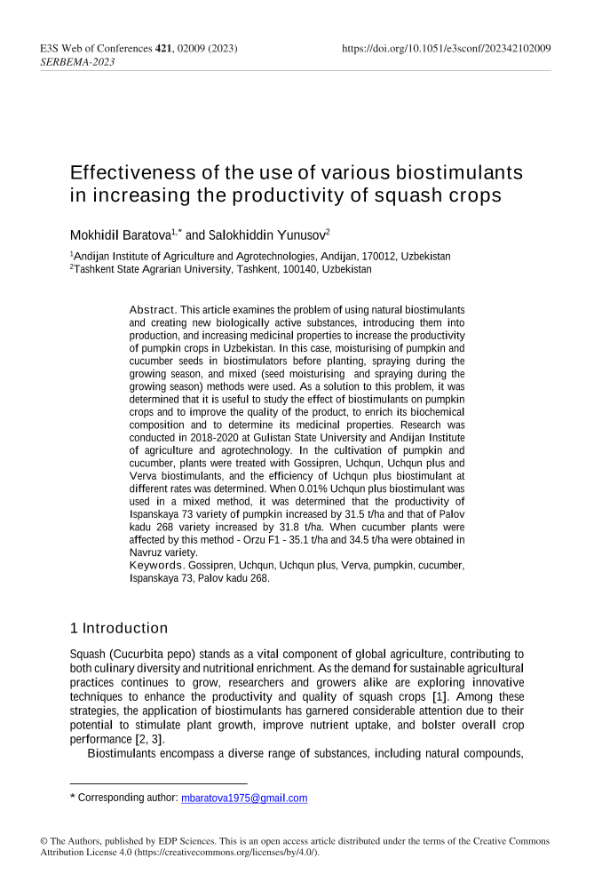 Effectiveness of the use of various biostimulants in increasing the productivity of squash crops