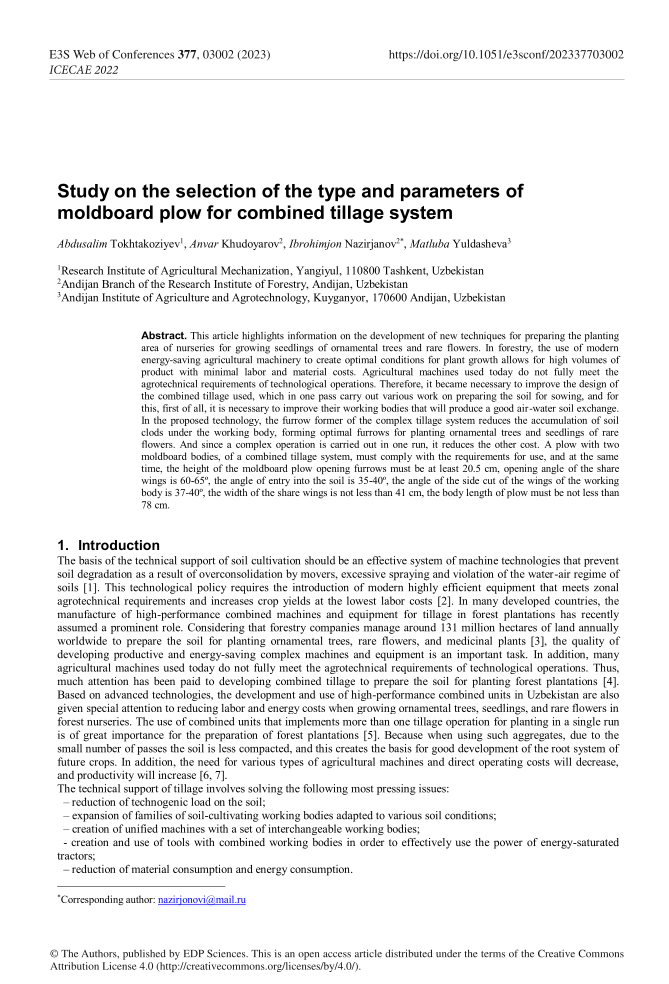 Study on the selection of the type and parameters of moldboard plow for combined tillage system