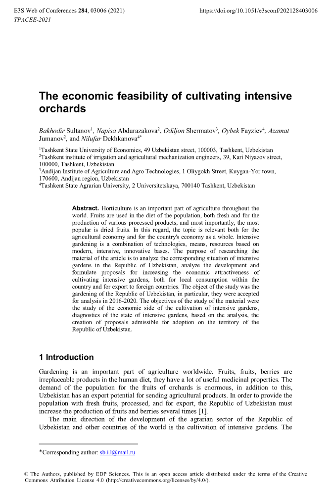 The economic feasibility of cultivating intensive orchards