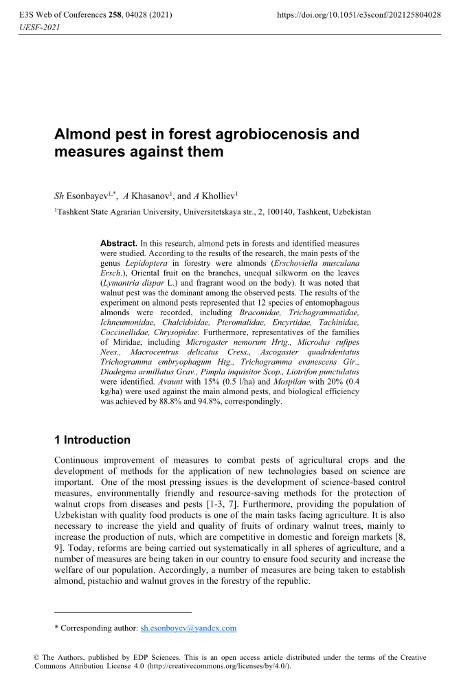 Almond pest in forest agrobiocenosis and measures against them 