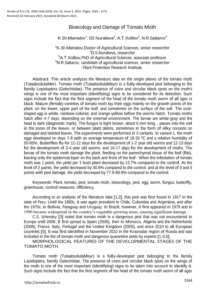 Bioecology and Damage of Tomato Moth