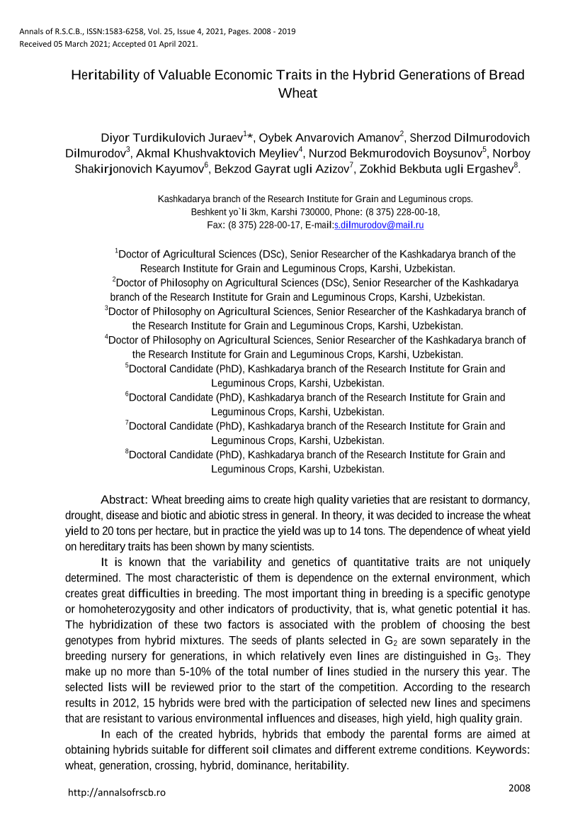 Heritability of Valuable Economic Traits in the Hybrid Generations of Bread Wheat