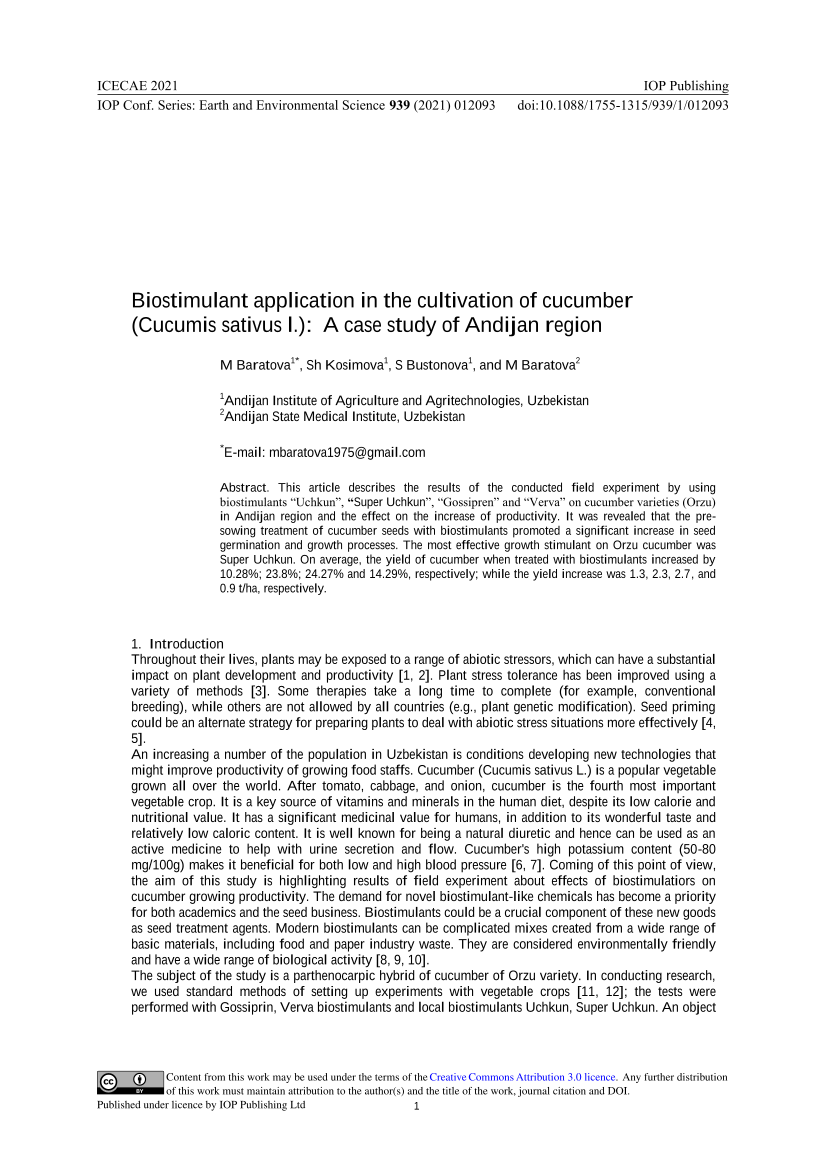 Biostimulant application in the cultivation of cucumber (Cucumis sativus l.): A case study of Andijan region