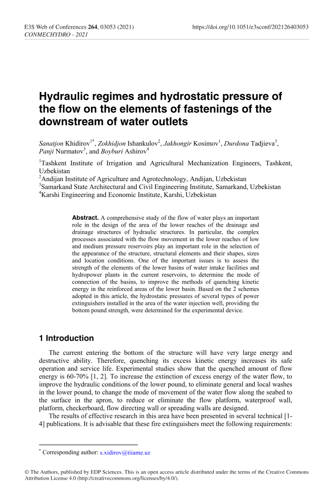 Hydraulic regimes and hydrostatic pressure of the flow on the elements of fastenings of the downstream of water outlets