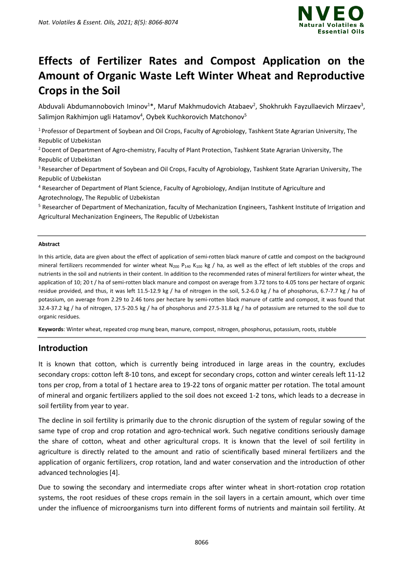 Effects of Fertilizer Rates and Compost Application on the Amount of Organic Waste Left Winter Wheat and Reproductive Crops in the Soil