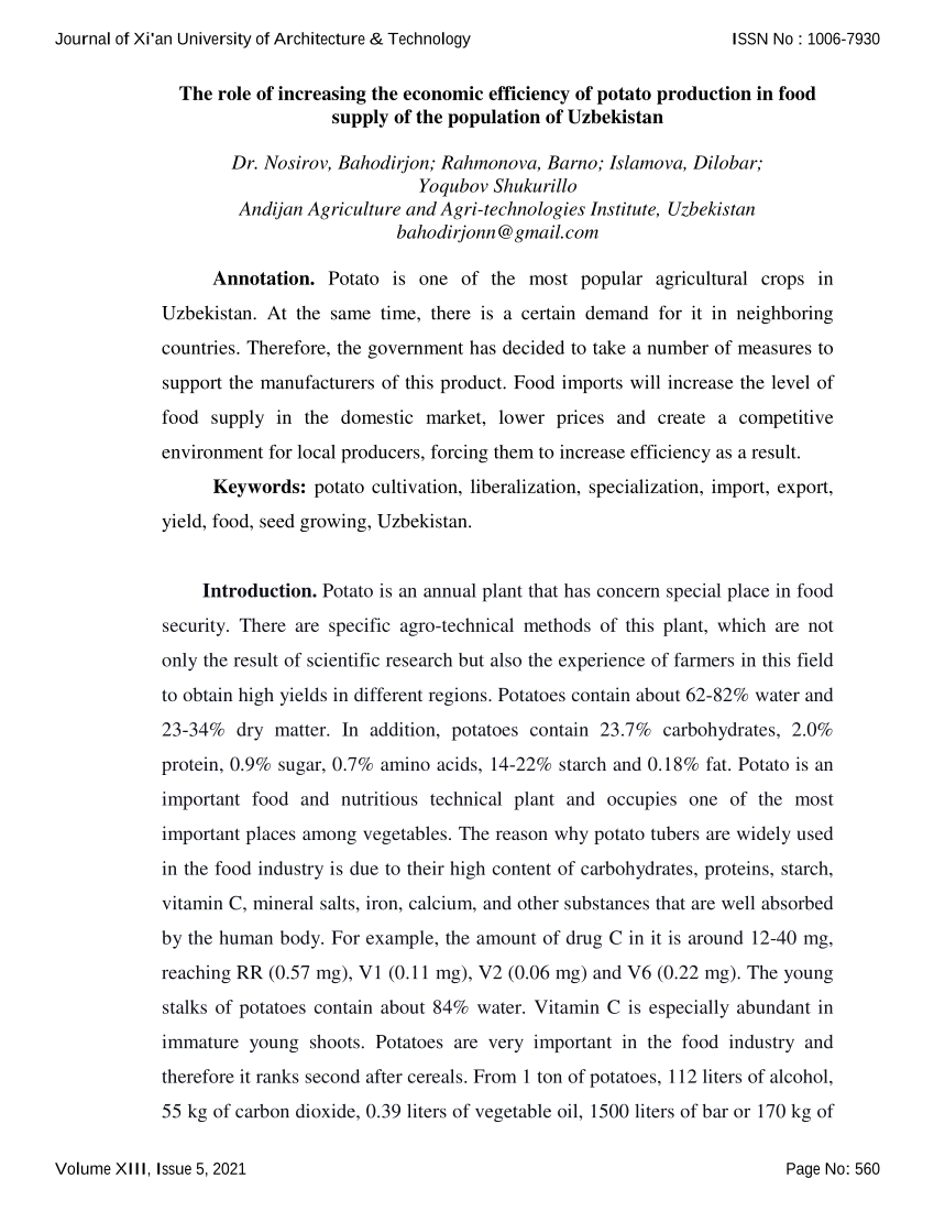 The role of increasing the economic efficiency of potato production in food supply of the population of Uzbekistan