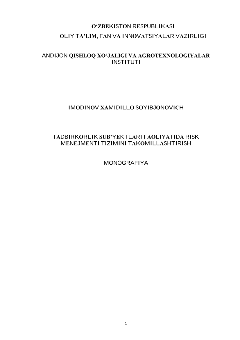 Tadbirkorlik sub'yektlari faoliyatida risk menejmenti tizimini takomillashtirish