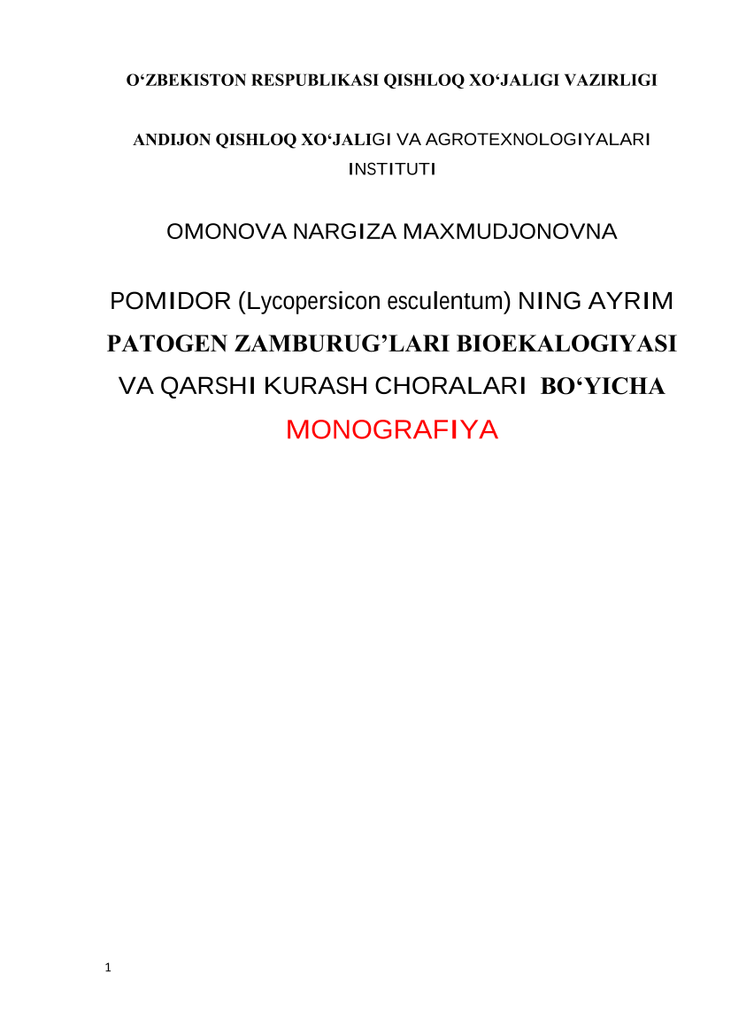 Pomidor (Lycopersicon esculentum) ning ayrim patogen zamburug'lari bioekologiyasi va qarshi kurash choralari