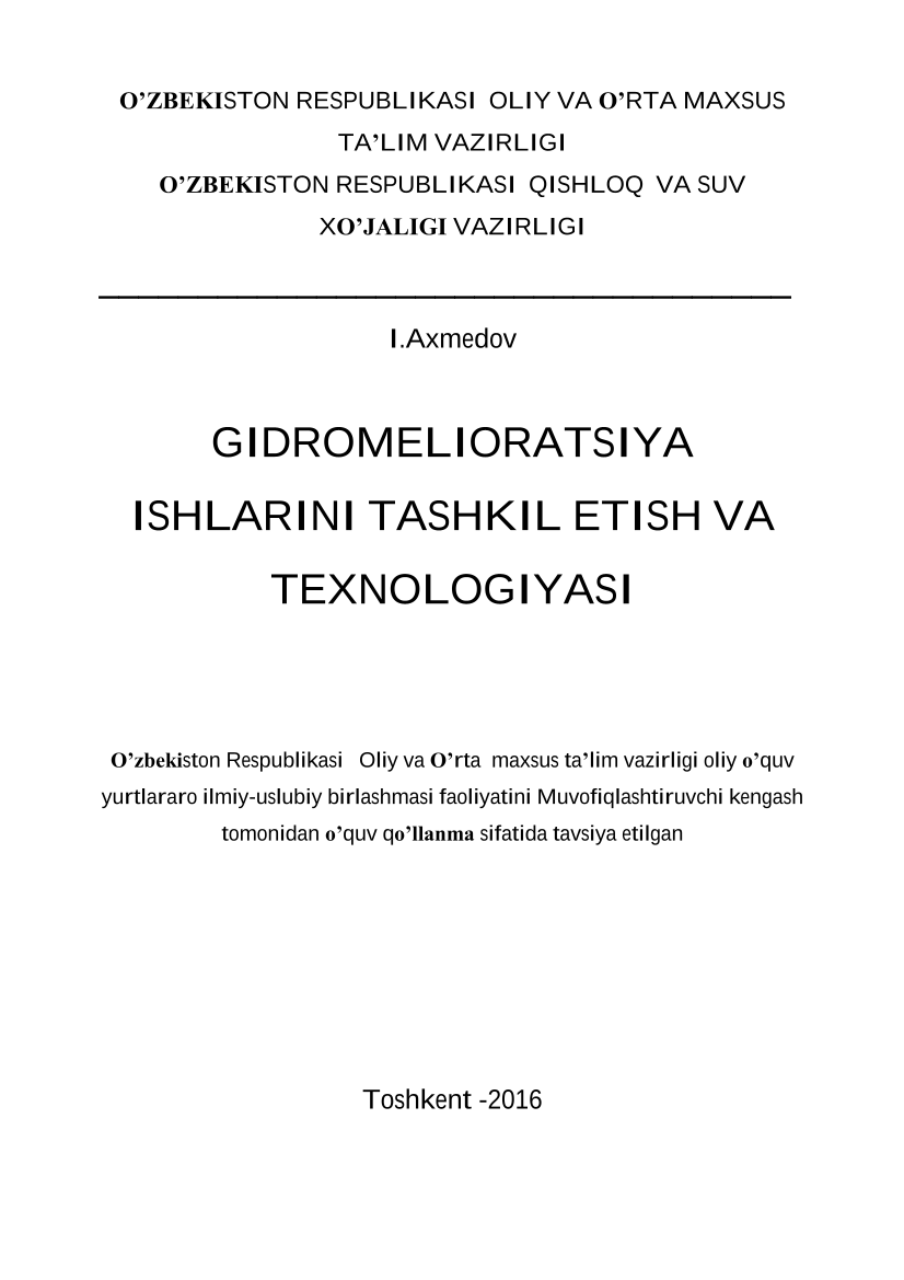 Gidromelioratsiya ishlarini tashkil etish va texnologiyasi