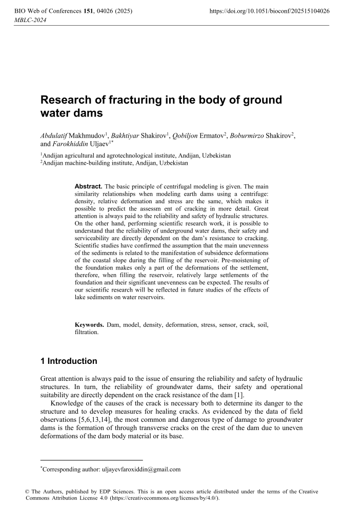 Research of fracturing in the body of ground  water dams